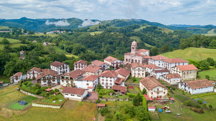 aerial view of ziga rural town in baztan valley, Spain