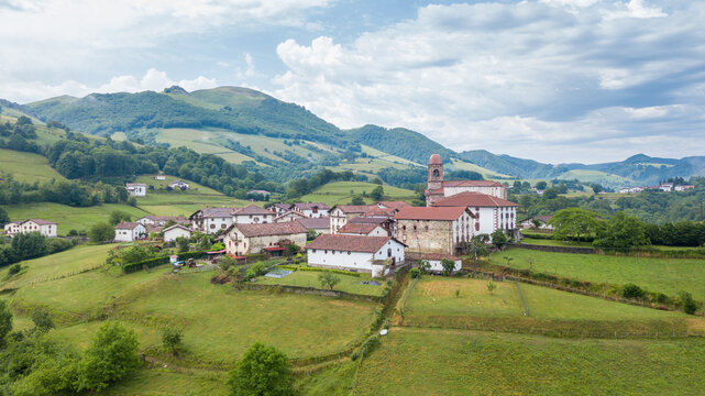 aerial view of ziga rural town in baztan valley, Spain