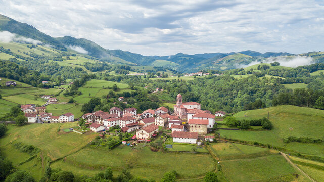 aerial view of ziga rural town in baztan valley, Spain