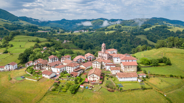 aerial view of ziga rural town in baztan valley, Spain