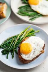 Fried eggs with toasted bread and green asparagus. Fast lunch ideas, healthy breakfast, summer food.