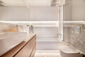 Modern design bathroom with white porcelain sanitaryware, wooden furniture, white porcelain sink,...