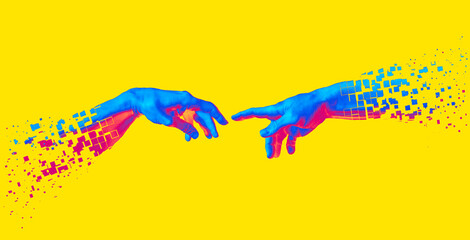 Disintegrating reaching hands concept illustration in vaporwave style color palette isolated on yellow background. - obrazy, fototapety, plakaty