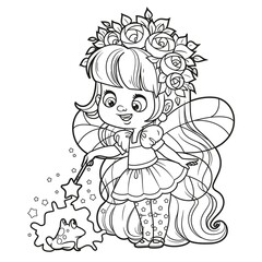 Cute cartoon little fairy casts spell with magic wand on a frog outlined for coloring on white background