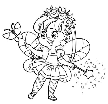 Cute cartoon little fairy with magic wand looking at a butterfly outlined for coloring on white background