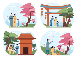 Happy asian family enjoying traditional festivities. Characters wearing