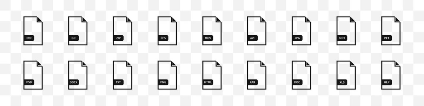 Set of file format icons. Document files icon collection. Vector illustration.