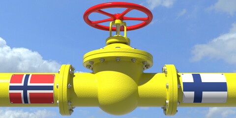NORWAY FINLAND oil or gas transportation concept, pipe with valve. 3D rendering
