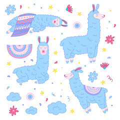 Cartoon Color Doodle Llamas Fun Set Flat Design Style Different Poses. Vector illustration of Standing and Sleepy Llamas