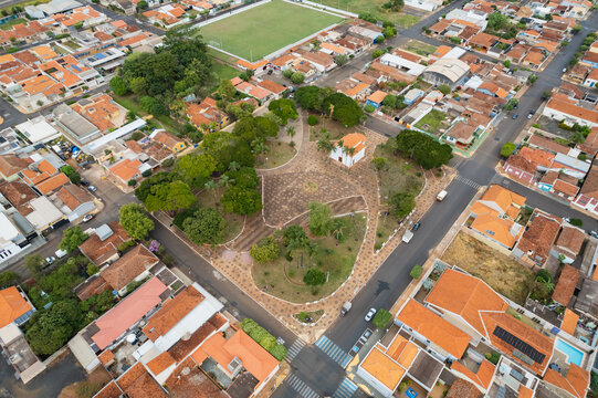 Brodowski, S&atilde;o Paulo , Brazil - Circa june 2022: Aerial image of Brodowski city, Main City Square