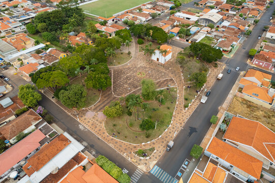 Brodowski, S&atilde;o Paulo , Brazil - Circa june 2022: Aerial image of Brodowski city, Main City Square