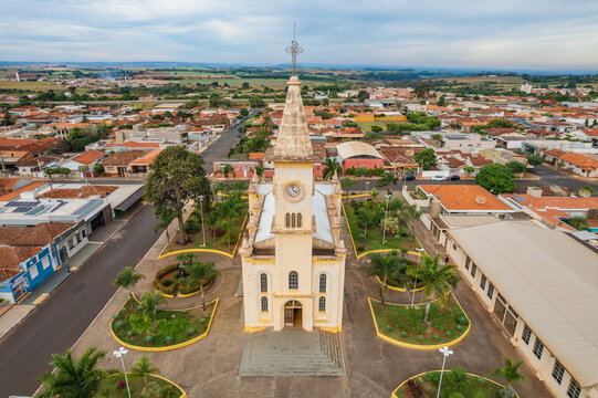 Brodowski, S&atilde;o Paulo ,Brazil - Circa june 2022: Aerial image of Brodowski city, mother church.