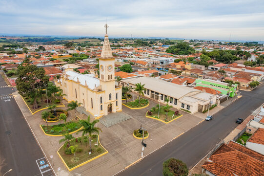 Brodowski, S&atilde;o Paulo ,Brazil - Circa june 2022: Aerial image of Brodowski city, mother church.