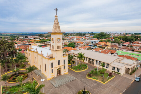 Brodowski, S&atilde;o Paulo ,Brazil - Circa june 2022: Aerial image of Brodowski city, mother church.