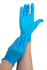 Blue nitrile medical gloves on hands isolated on the white