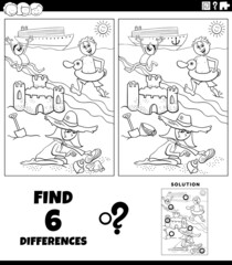 differences game with cartoon kids on the beach coloring page