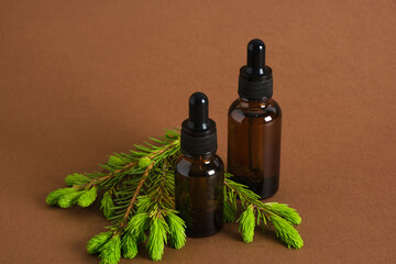 several glass dropper bottle with serum or oil and sprig of spruce with young shoots shoots