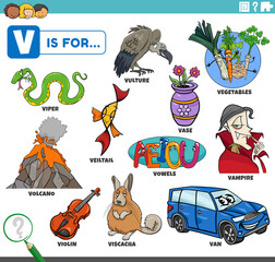 letter v words educational set with cartoon characters - obrazy, fototapety, plakaty