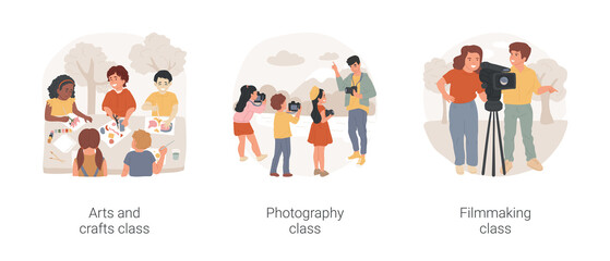 After school creativity development isolated cartoon vector illustration set. Arts and crafts class, photography and filmmaking PA day camp for children, education center activity vector cartoon.