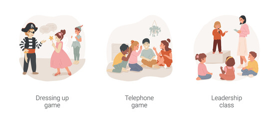 Gradeschoolers social and communication skills isolated cartoon vector illustration set. Dressing up role-playing game, telephone game, leadership class, afterschool program vector cartoon.