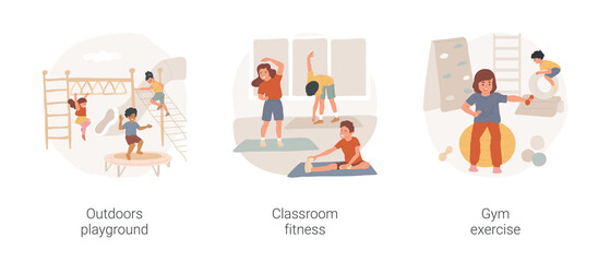 Before and afterschool physical exercise isolated cartoon vector illustration set. Outdoors playground, classroom fitness, gym exercise, kids motor development, sport for children vector cartoon. - 510693984