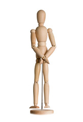 wooden mannequin joined hands behind back, prisoner isolated on white