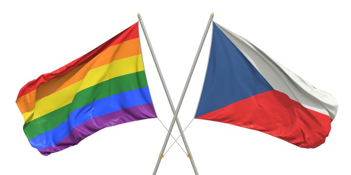 Flags of Czech and LGBTQ on white background. 3D rendering