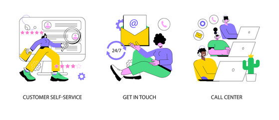 Help line abstract concept vector illustration set. Customer self-service, get in touch, call center, online assistance, FAQ, e-support system, live chat, virtual service point abstract metaphor.