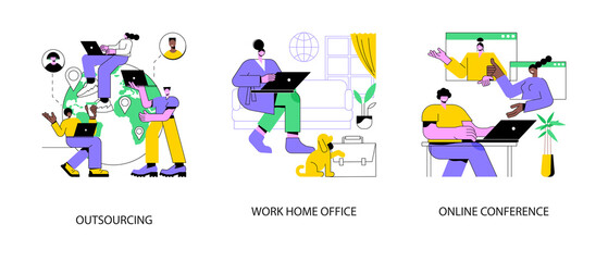 Fototapeta premium Distance working abstract concept vector illustration set. Outsourcing, work home office, online conference, freelance job, team digital meeting, IT business, internet platform abstract metaphor.