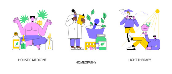 Alternative medicine abstract concept vector illustration set. Holistic medicine, homeopathy, light therapy, seasonal depression, mental health, health practice, natural drug abstract metaphor.