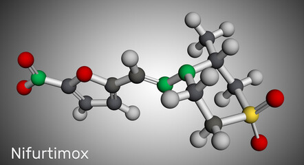 Nifurtimox molecule. It is antiparasitic drug used for the treatment of Chagas disease (Trypanosoma cruzi infection). Molecular model.