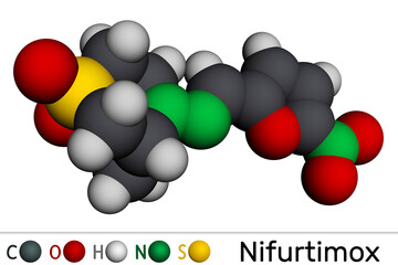 Nifurtimox molecule. It is antiparasitic drug used for the treatment of Chagas disease (Trypanosoma cruzi infection). Molecular model.