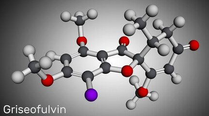 Griseofulvin molecule. It is antifungal antibiotic, used for treatment of fungal infections. Molecular model. - obrazy, fototapety, plakaty
