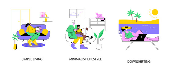 Mindful lifestyle abstract concept vector illustration set. Simple living, minimalist lifestyle, downshifting, slow living, reduced consumption, find balance, no stress life, escape abstract metaphor.