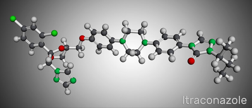 Itraconazole molecule. It is triazole antifungal drug used for the treatment of various fungal infections. Molecular model.