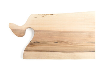 Big rectangular wooden cutting board with handle isolated on white background. Kitchen equipment for cooking. Top view.