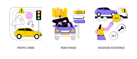 Troubles on the road abstract concept vector illustration set. Traffic crime, road fraud, roadside assistance, rules violation, pick up hitchhiker, change flat tire, car repair abstract metaphor.