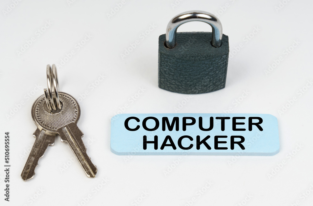 Poster On a white surface there is a lock, keys and a blue sign with the inscription - Computer hacker