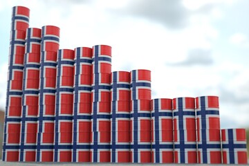 Flag of Norway on oil barrels forming downward trend. Petrochemical industry crisis or sanctions concept, 3D rendering