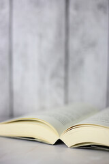 Open book on a light background in a vertical style. Vertical style