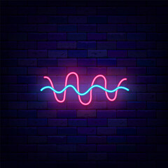 Sounds wave neon sign. Melody vibes. Music equalizer symbol. Night club party badge. Vector stock illustration