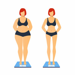 Overweight woman. Normal weight woman. A fat and thin woman is standing on the scales isolated on a white background. Healthy lifestyle concept. Diet and Weight Loss
