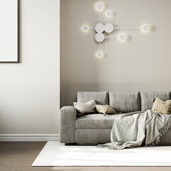 Modern interior of the living room. Large gray sofa with decorative pillows. 3d rendering