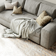 Trendy gray sofa in the interior of the living room. 3d rendering