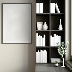 Mock up poster in modern living room interior with bookcase. 3d rendering