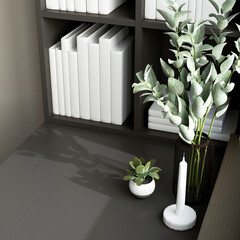 Bookcase with books in the living room interior. 3d rendering