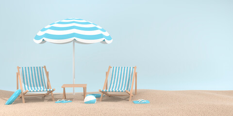 Summer aesthetic background. Beach chair, inflatable ring and ball sun umbrella, flip flop in pastel colors on the sand. 3d illustration.
