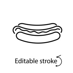 Hot dog outline icon. Fast food item. Pop art style. Bistro logotype. Isolated vector stock illustration