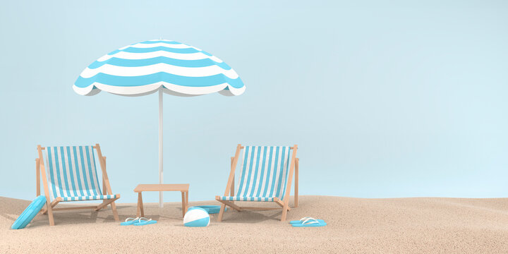 Summer aesthetic background. Beach chair, inflatable ring and ball sun umbrella, flip flop in pastel colors on the sand. 3d illustration.