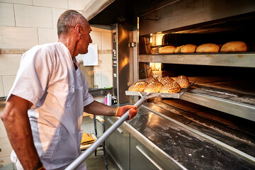 Professional baker in uniform takes out a cart with freshly baked bread from an industrial oven in a bakery - 510698756